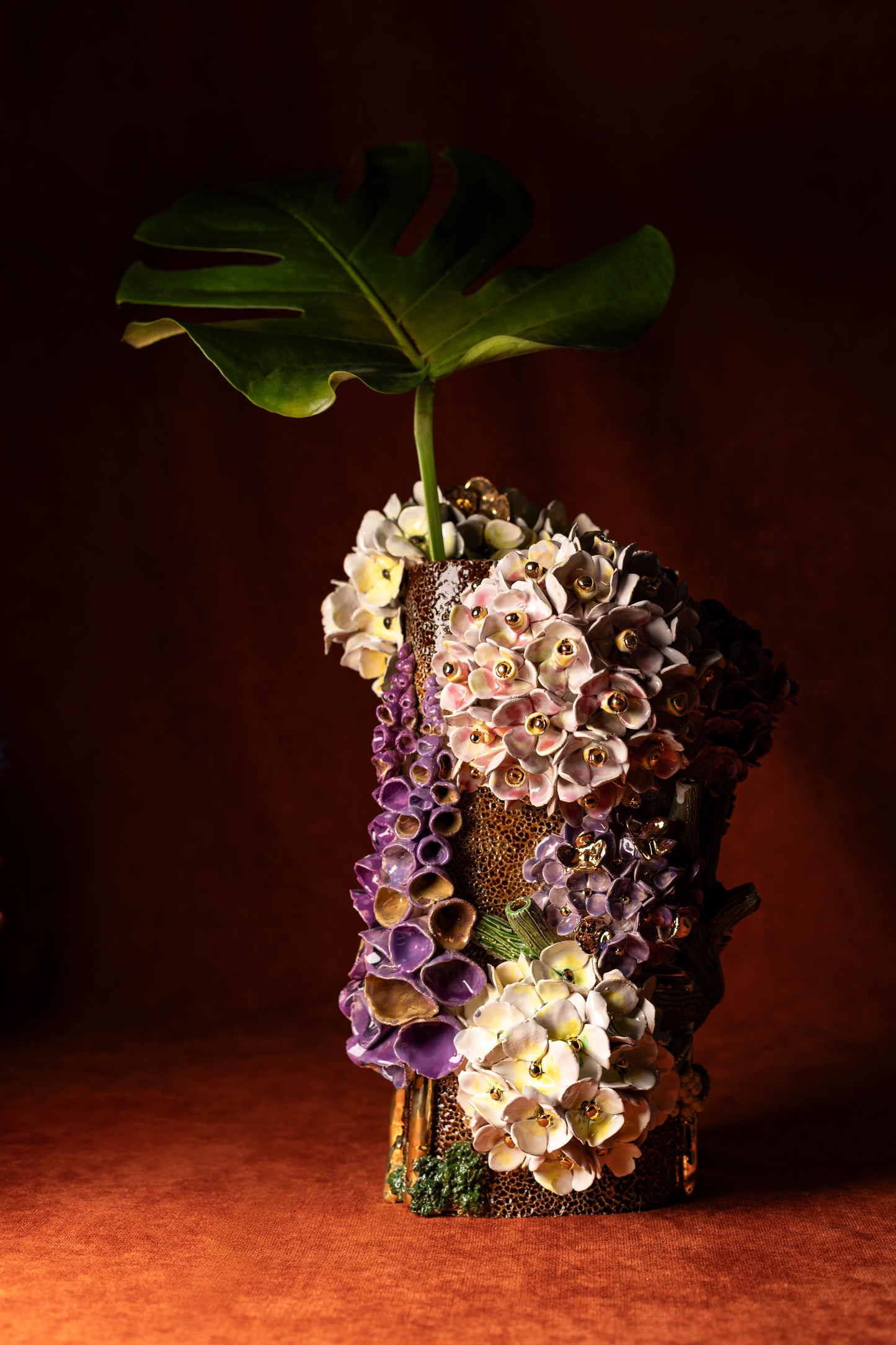 Vase en Céramique Émaillée, Hortensias et Or - Pièce Unique Fait Main