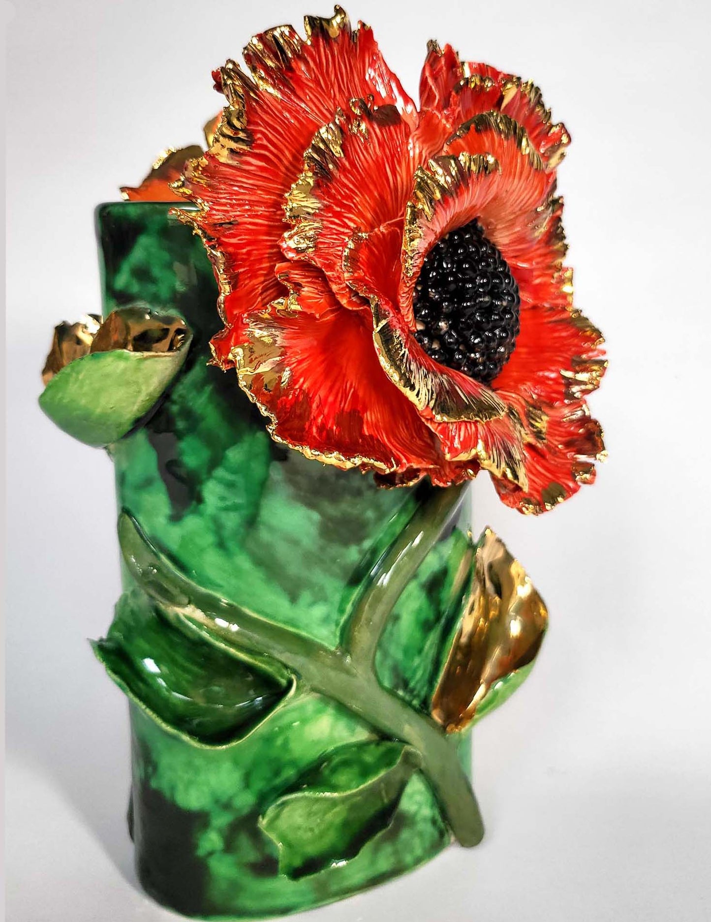 Enamelled Ceramic Poppy Vase with Gold - Unique Handcrafted Piece