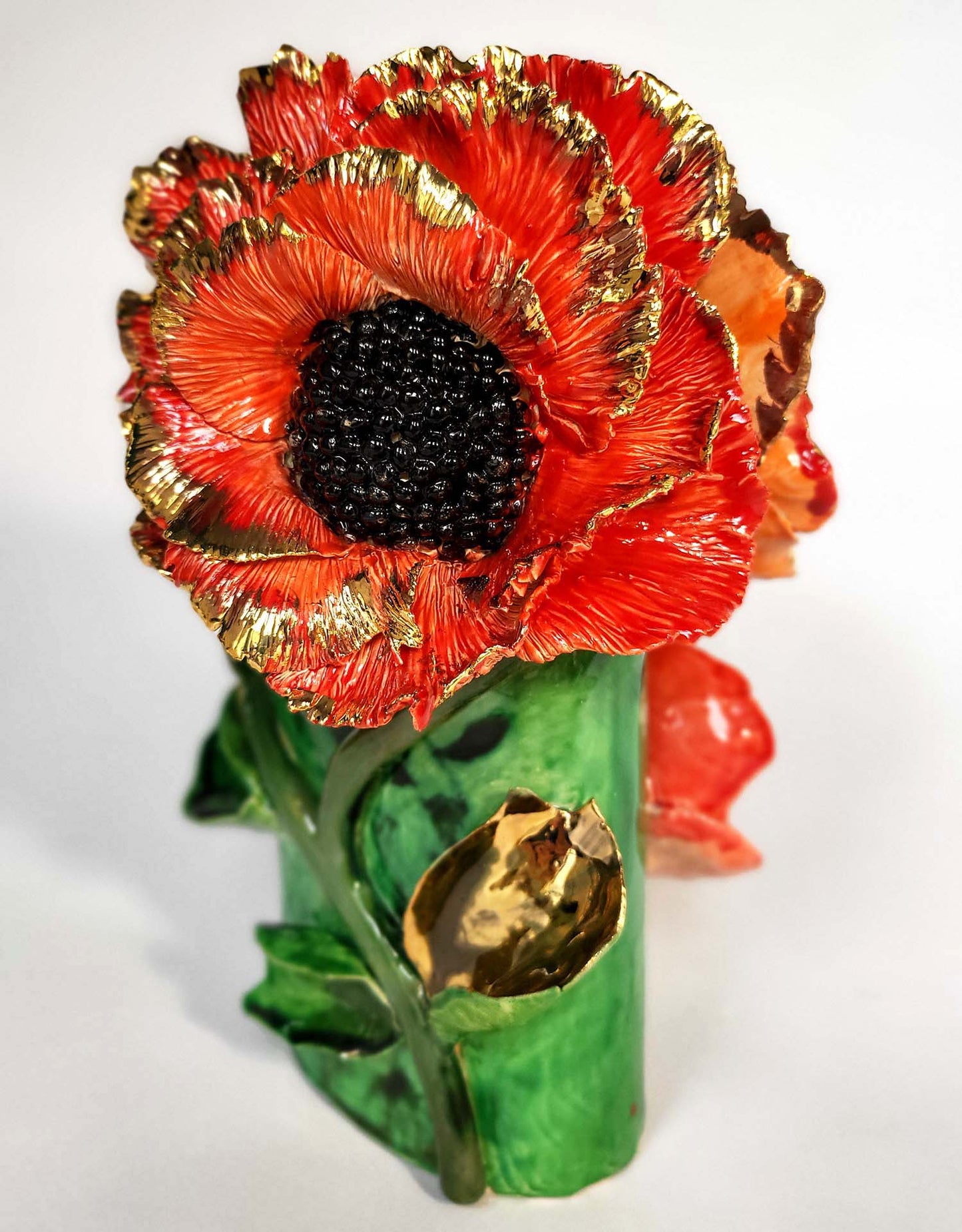 Enamelled Ceramic Poppy Vase with Gold - Unique Handcrafted Piece