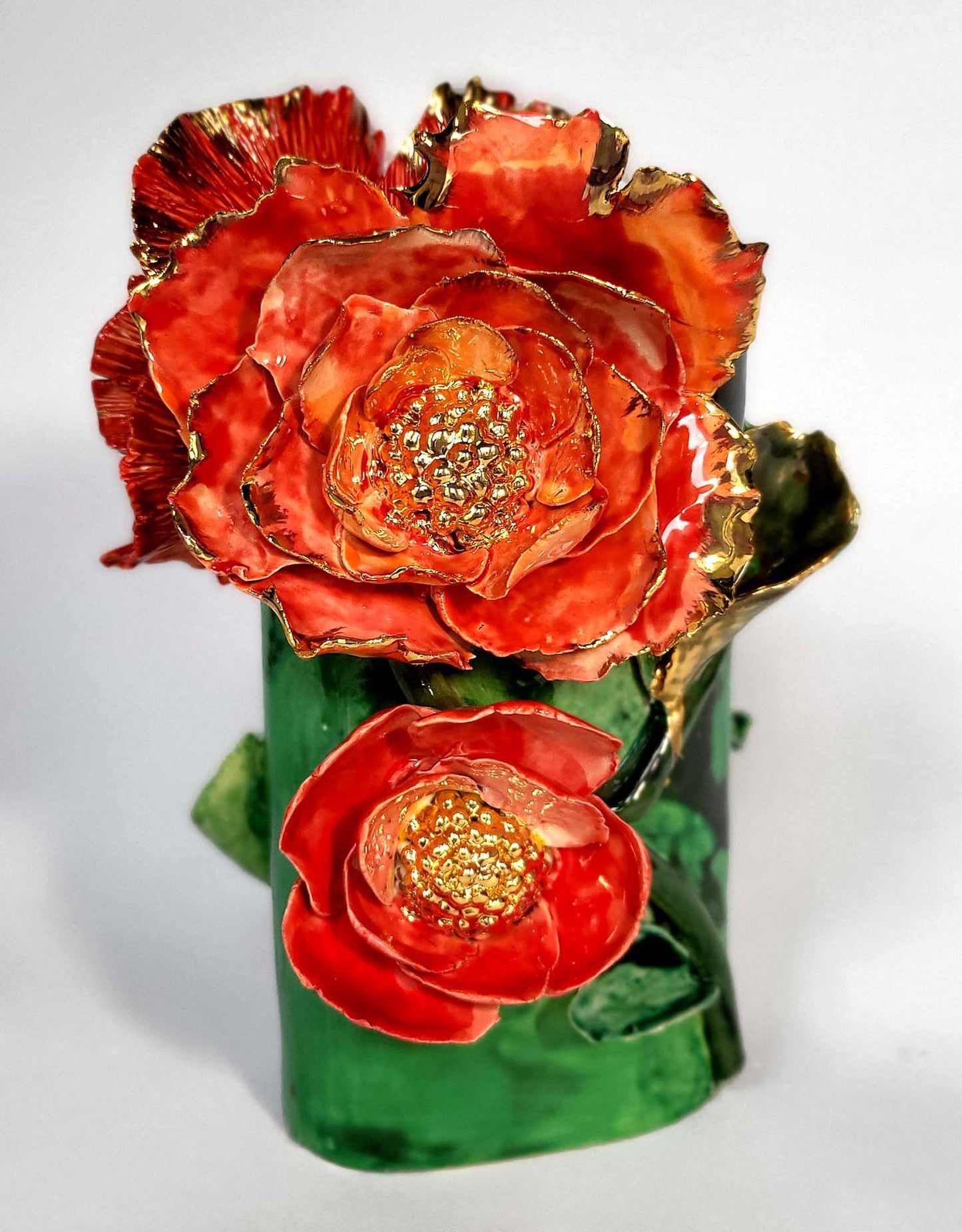 Enamelled Ceramic Poppy Vase with Gold - Unique Handcrafted Piece