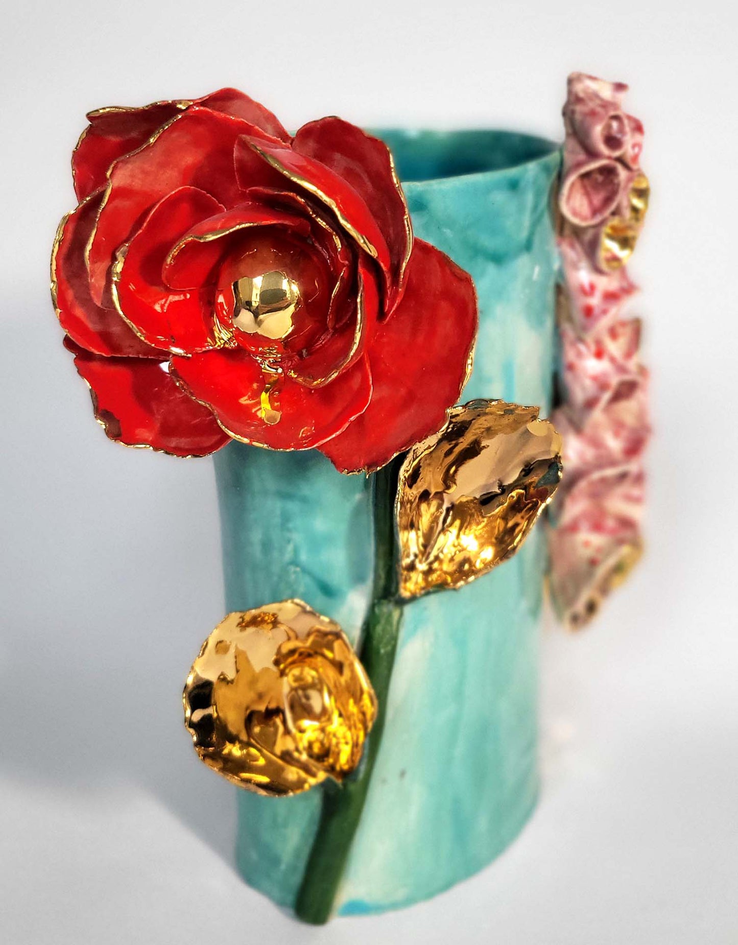 Enamelled Ceramic Rose Vase with Gold - Unique Handcrafted Piece Gilded with Fine Gold