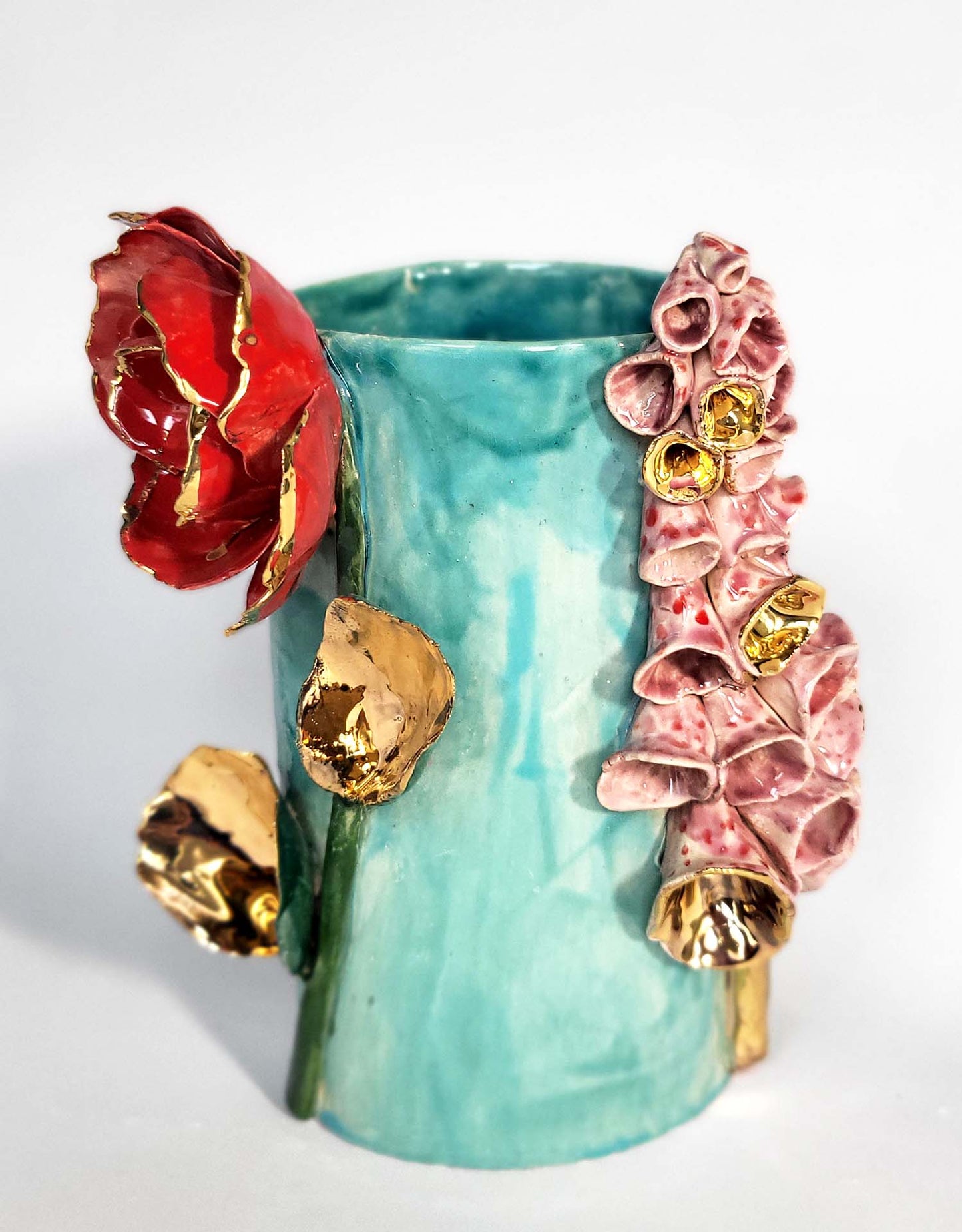 Enamelled Ceramic Rose Vase with Gold - Unique Handcrafted Piece Gilded with Fine Gold