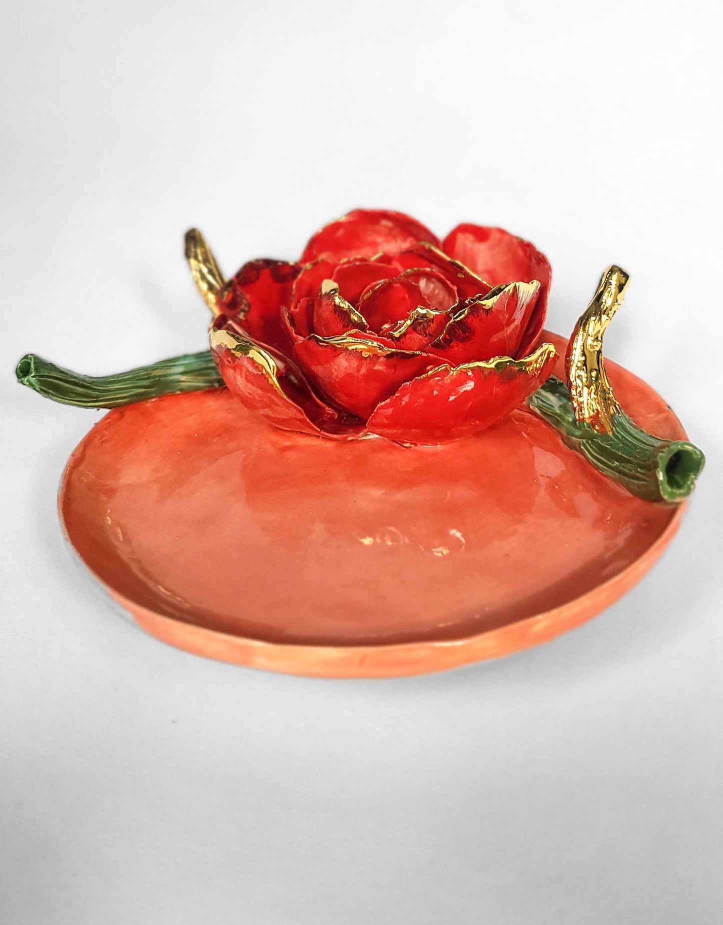 Petit Plat Fleuri en Faïence Emaillée et Or - Pièce Unique