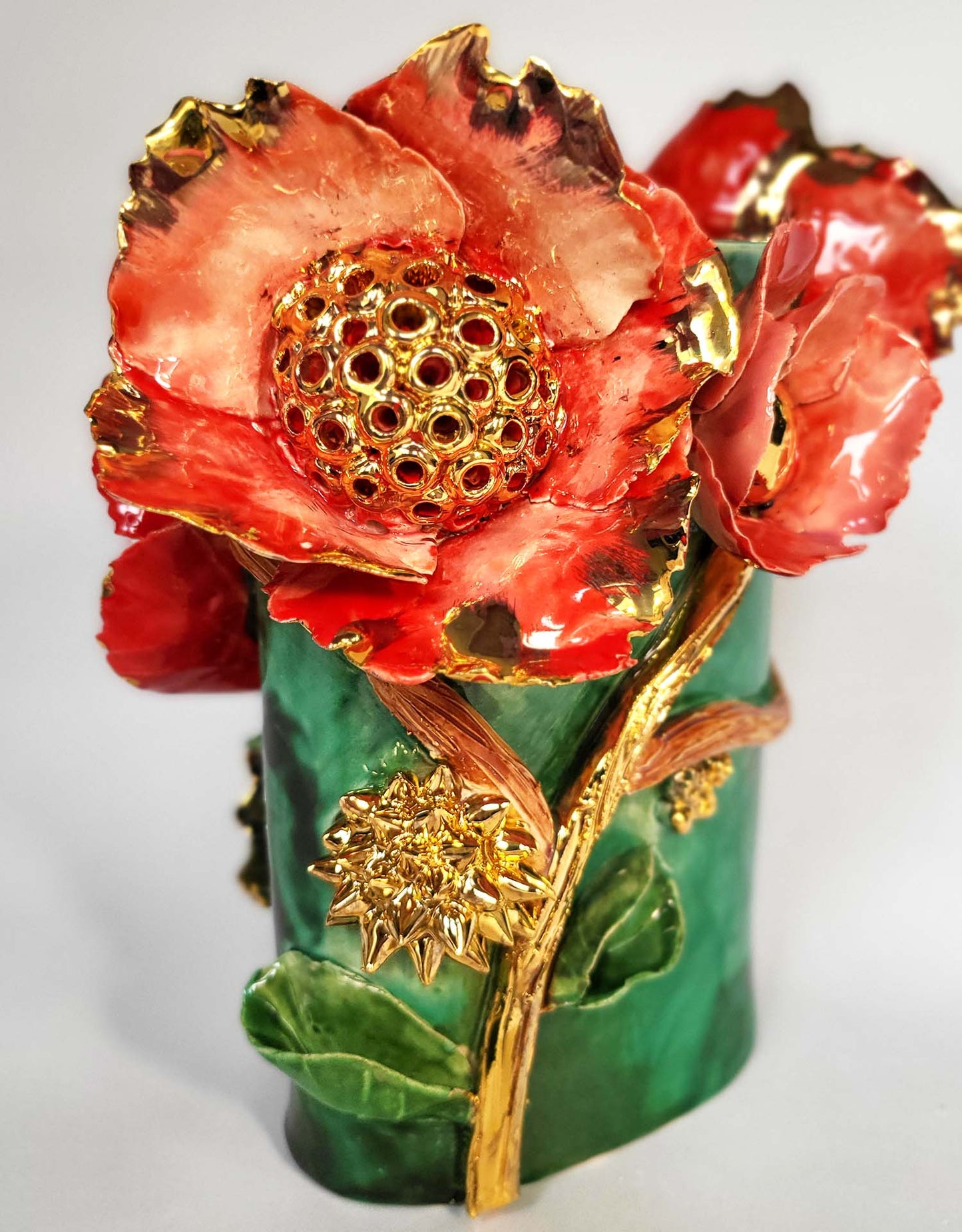 Enamelled Ceramic Poppy Vase with Gold - Unique Handcrafted Piece