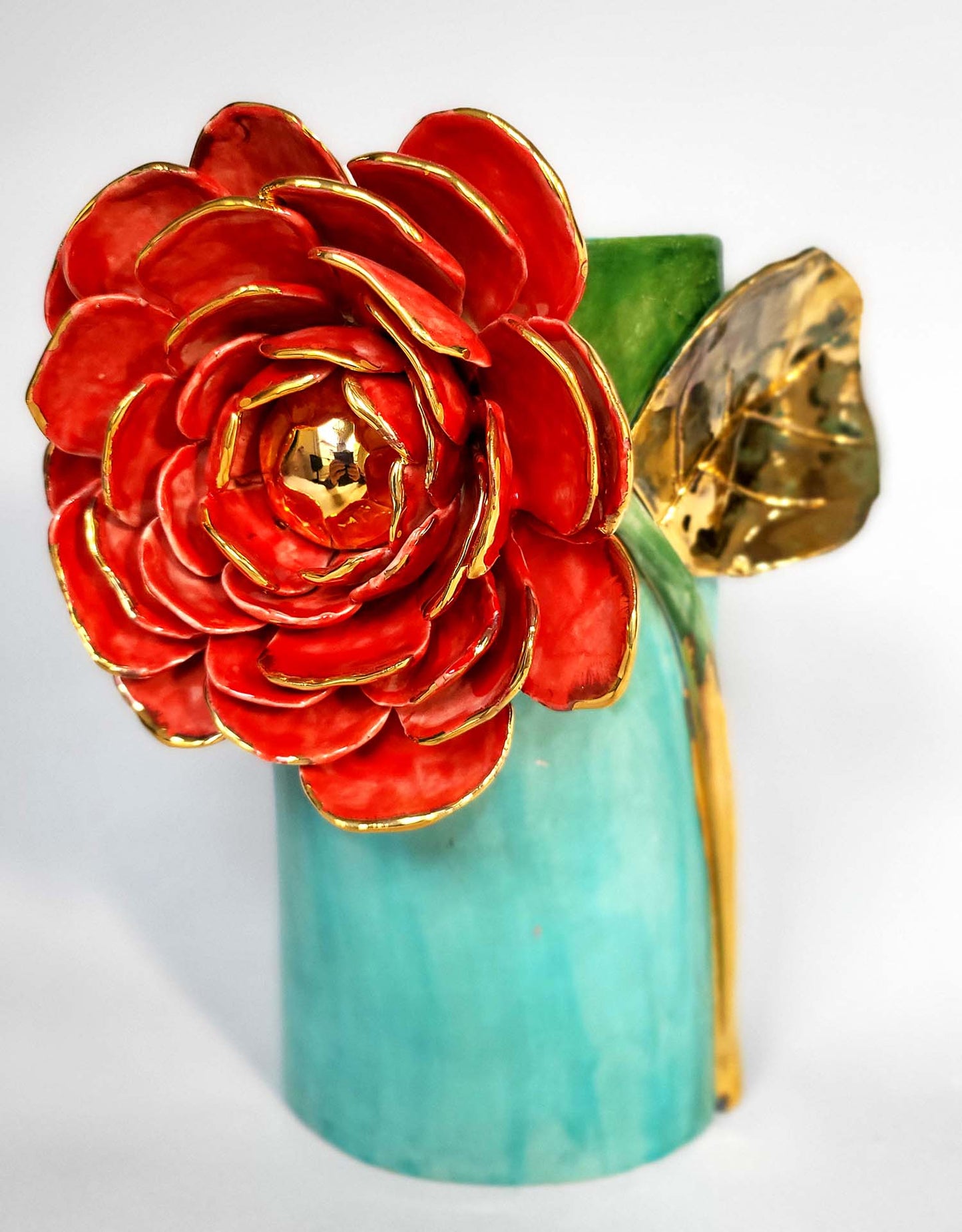 Vase à Fleurs Rayonnant en Faïence Émaillée et Or - Pièce Unique