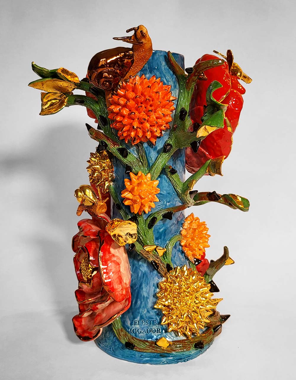 Enamelled earthenware candelabra gilded with fine 22-carat gold