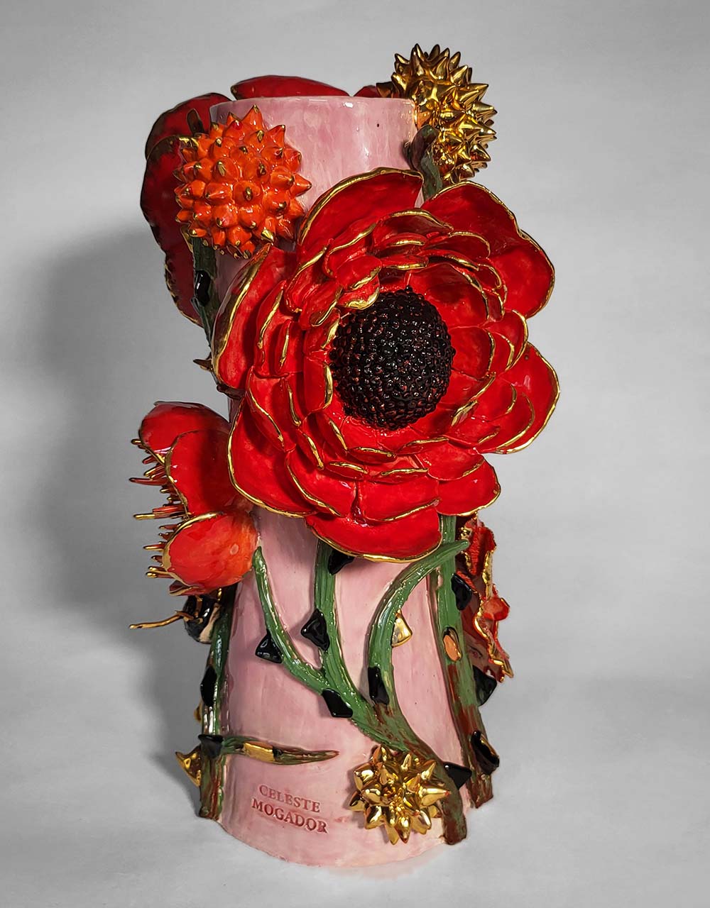 Enamelled earthenware candelabra gilded with fine 22-carat gold