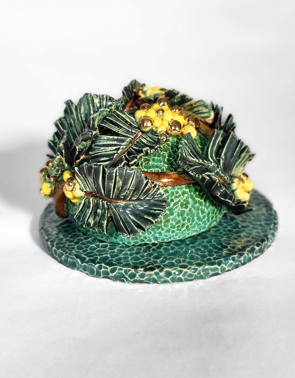 Incense holder with Mimosa decor and 22 carat gold plating
