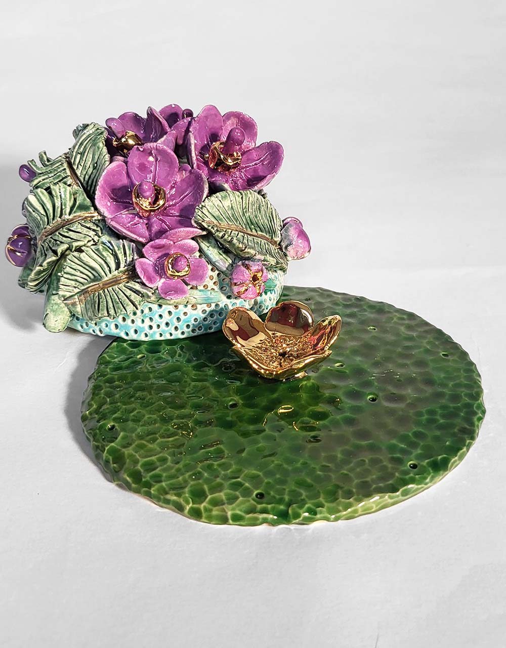 Porte encens Céramique Émaillée, Violette et Or - Pièce Unique Fait Main