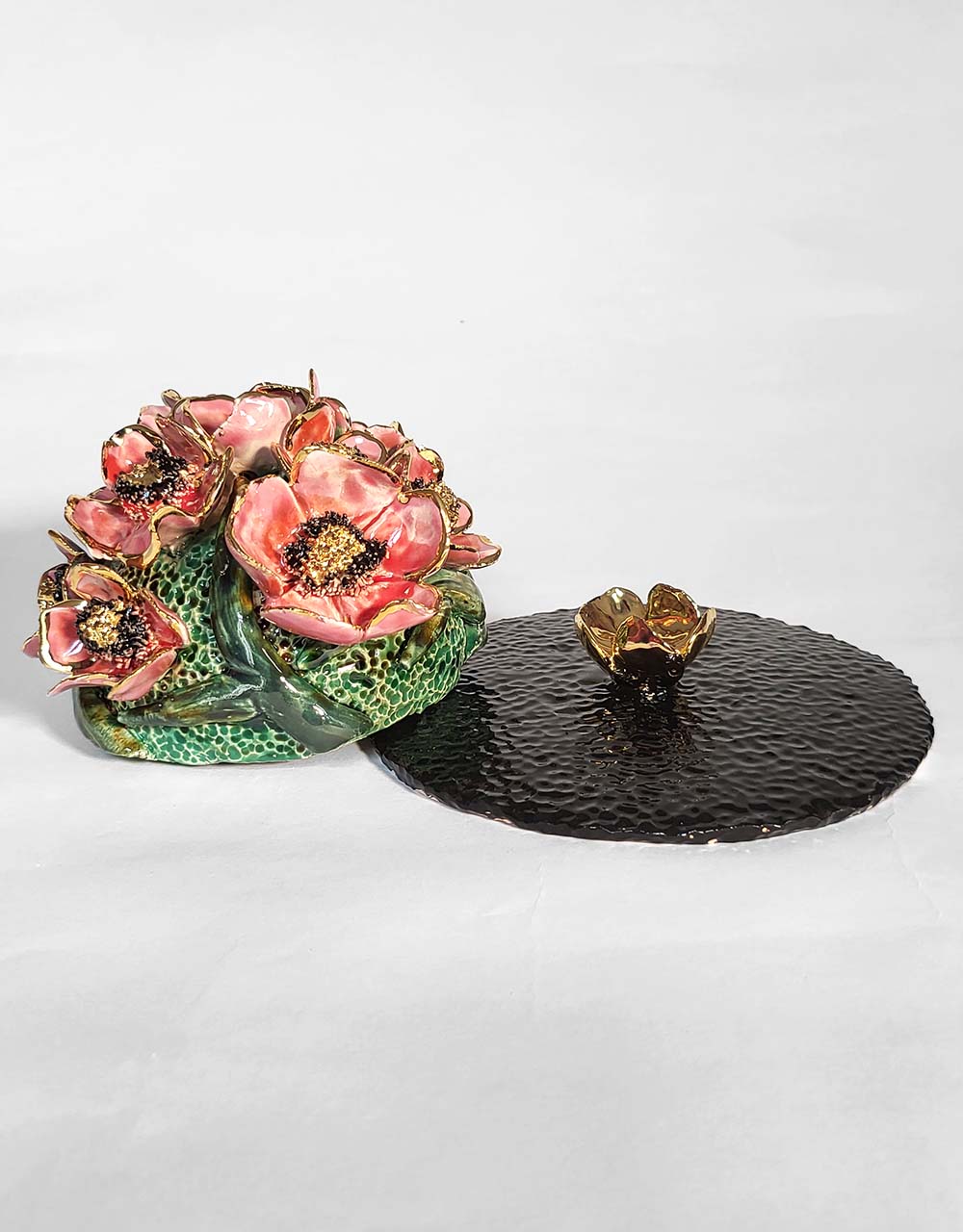 Porte encens Céramique Émaillée, Fleur de cerisier et Or - Pièce Unique Fait Main