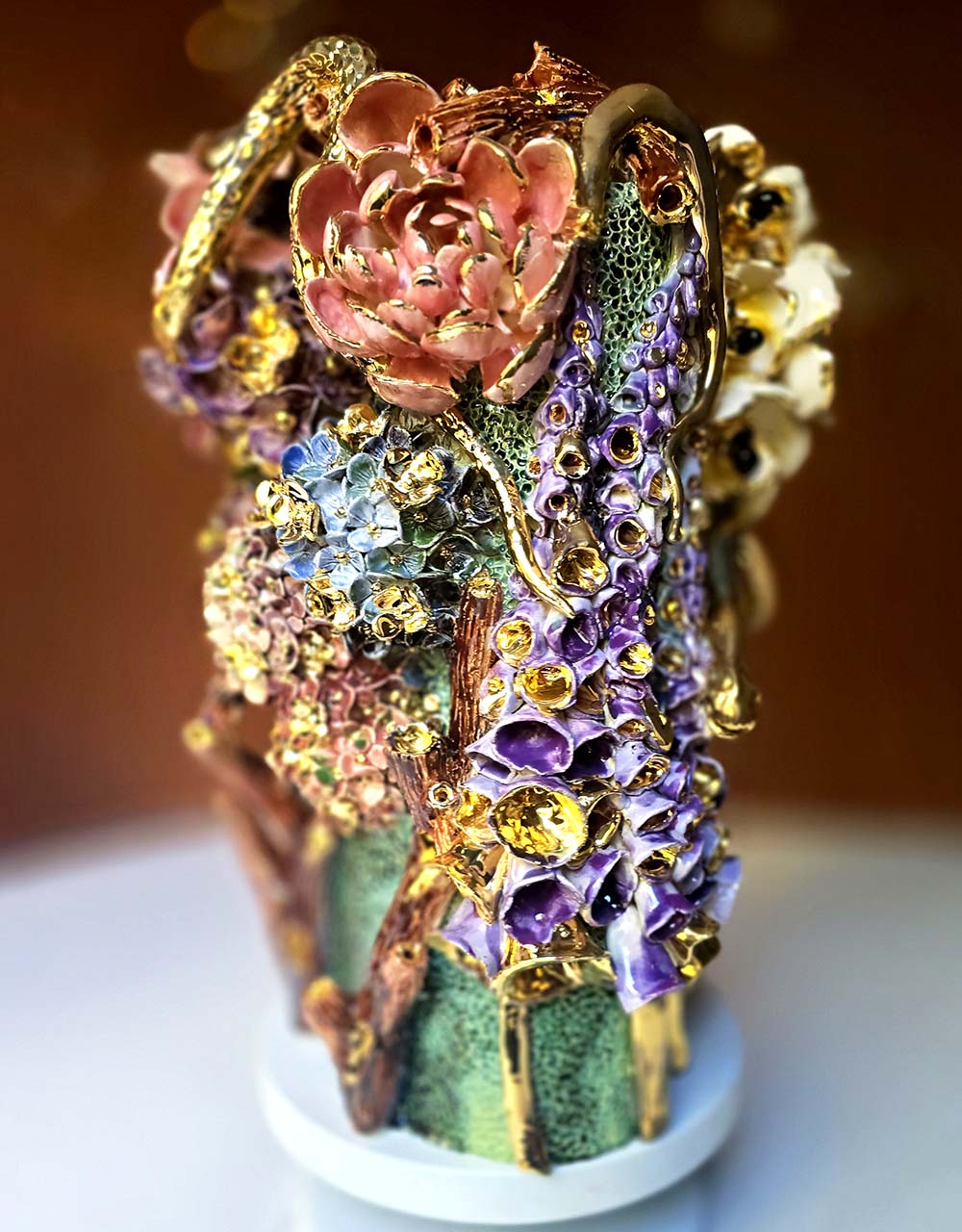 Enamelled Ceramic hydrangea vase/sculpture with Gold - Unique Handcrafted Piece