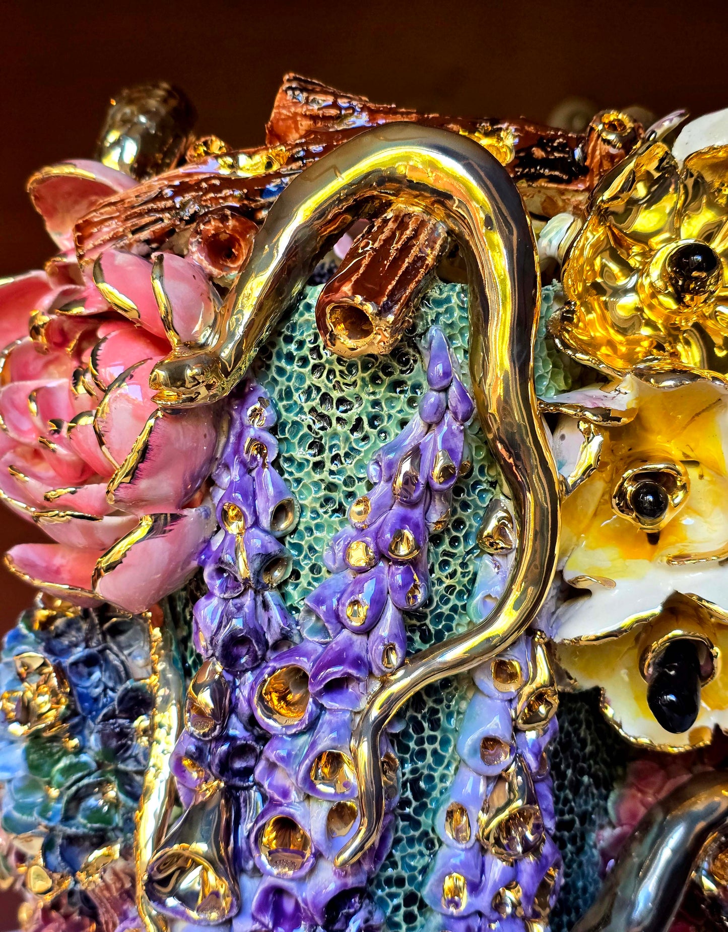 Enamelled Ceramic hydrangea vase/sculpture with Gold - Unique Handcrafted Piece
