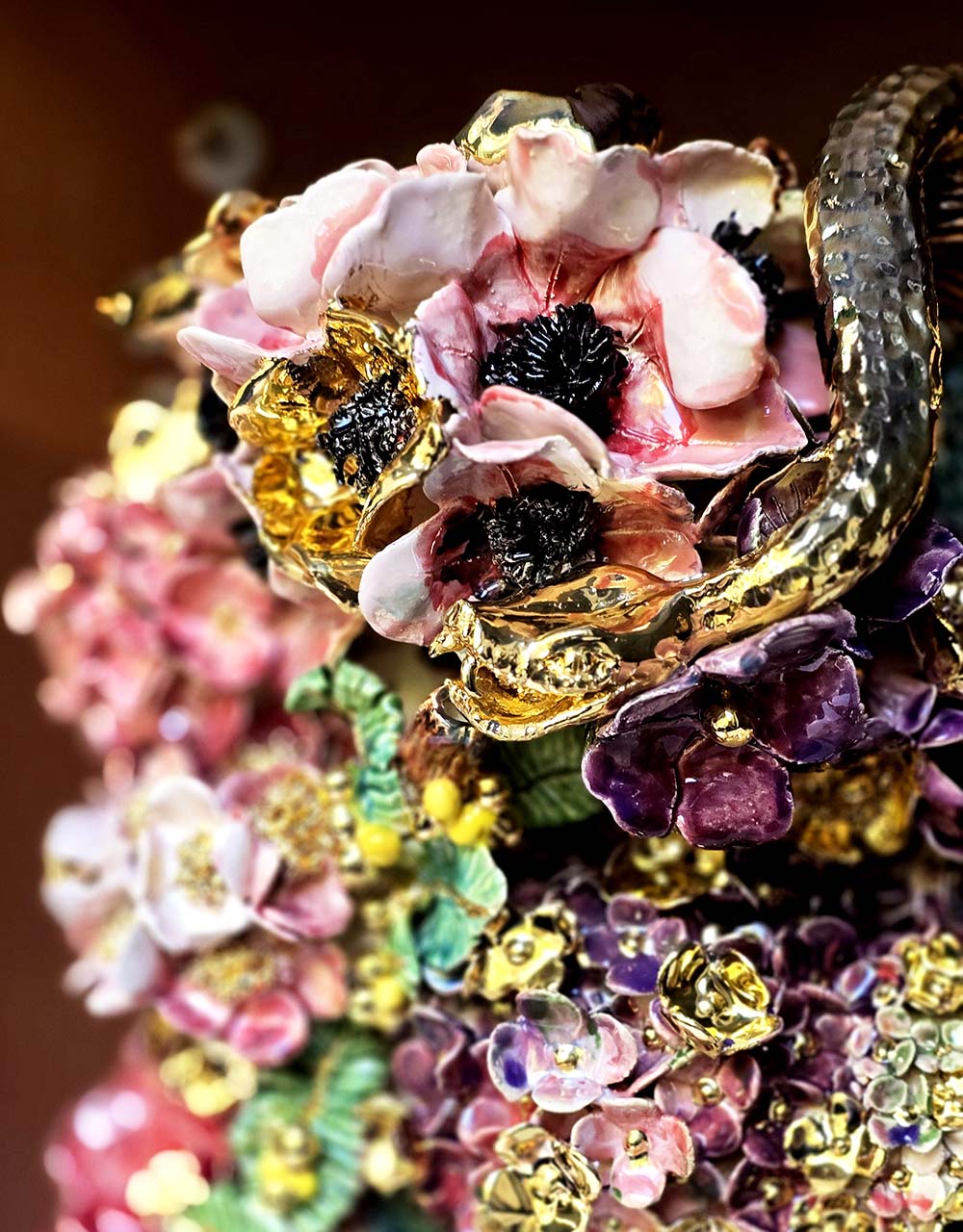 Enamelled Ceramic hydrangea vase/sculpture with Gold - Unique Handcrafted Piece