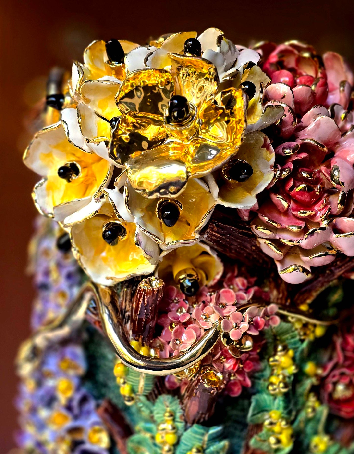 Enamelled Ceramic hydrangea vase/sculpture with Gold - Unique Handcrafted Piece