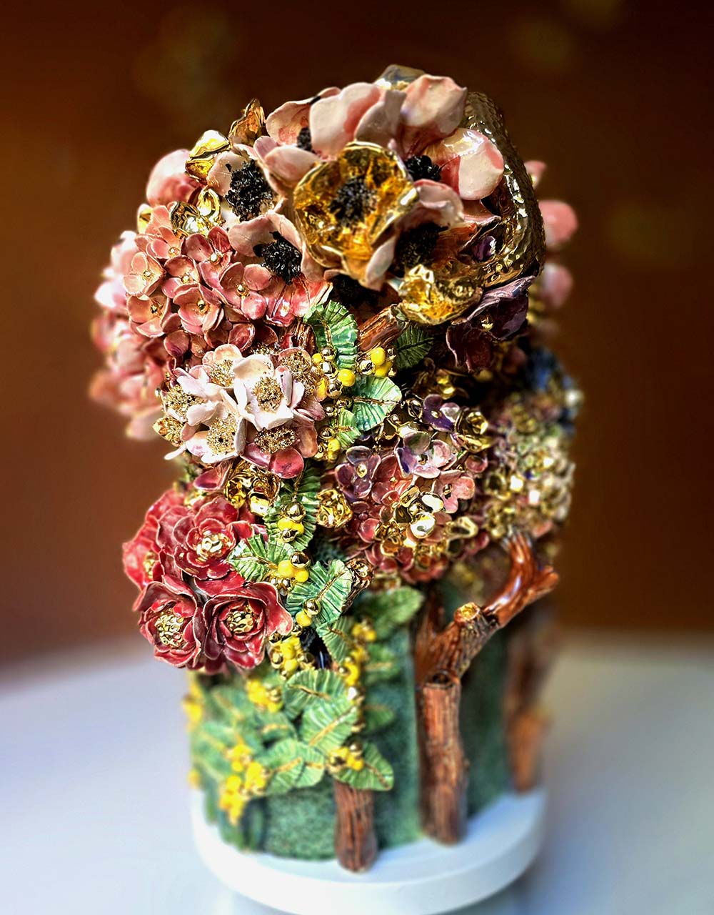 Enamelled Ceramic hydrangea vase/sculpture with Gold - Unique Handcrafted Piece
