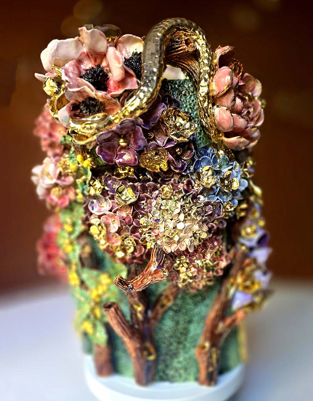 Enamelled Ceramic hydrangea vase/sculpture with Gold - Unique Handcrafted Piece