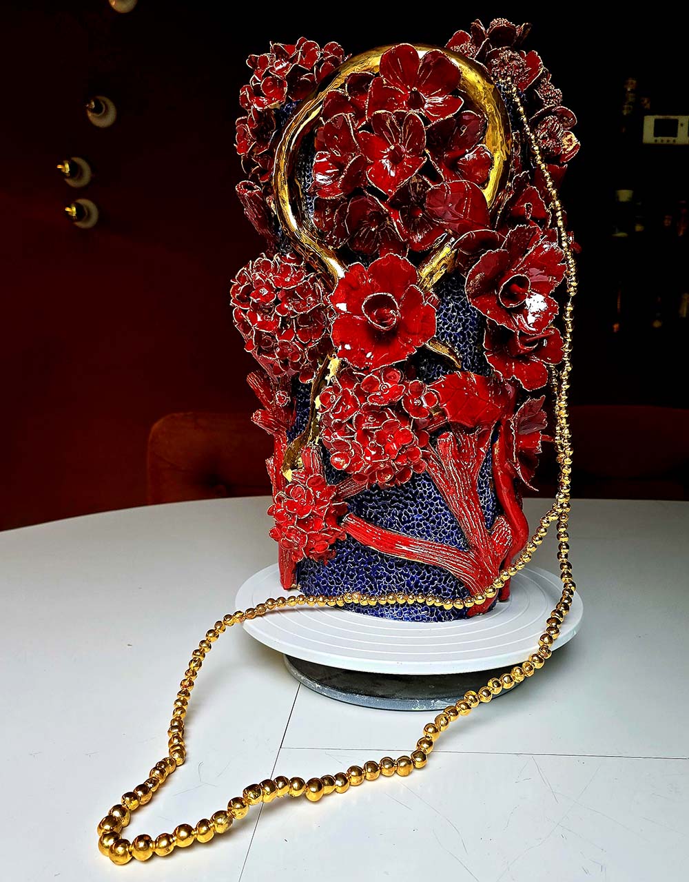 Enamelled Ceramic hydrangea vase/sculpture with Gold - Unique Handcrafted Piece