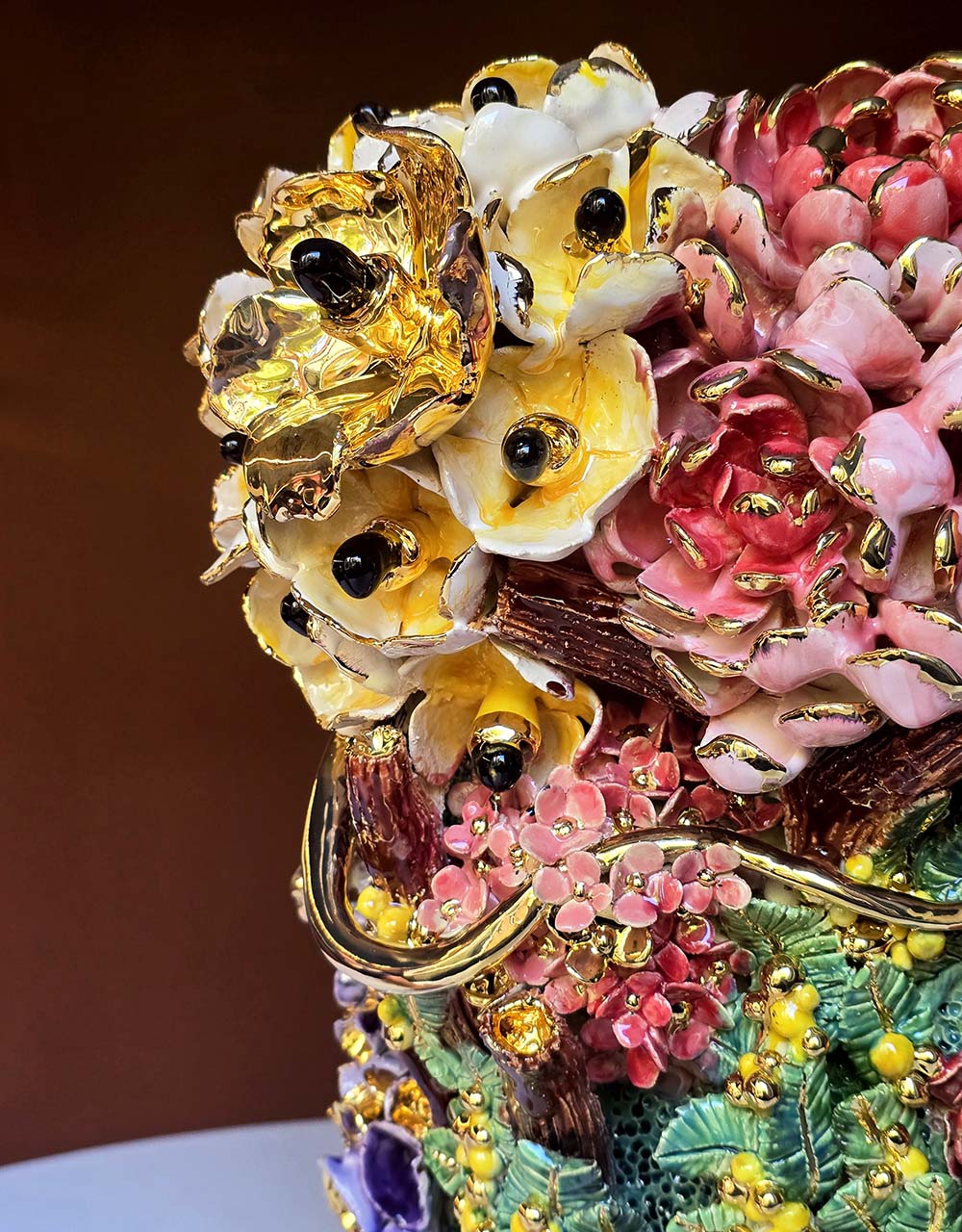 Enamelled Ceramic hydrangea vase/sculpture with Gold - Unique Handcrafted Piece