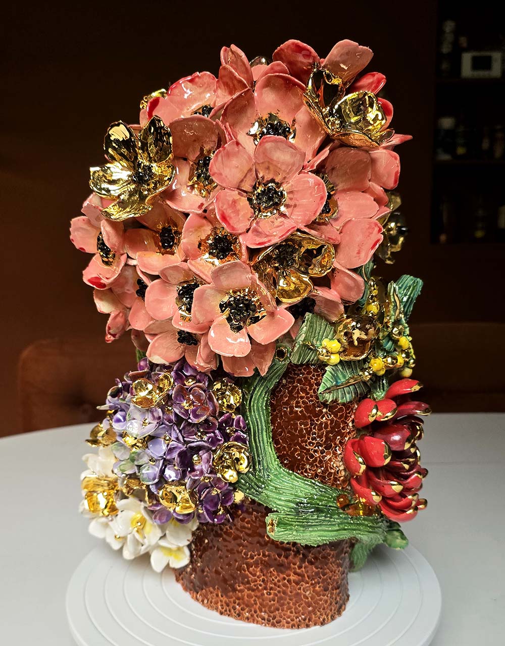Enamelled Ceramic hydrangea vase/sculpture with Gold - Unique Handcrafted Piece