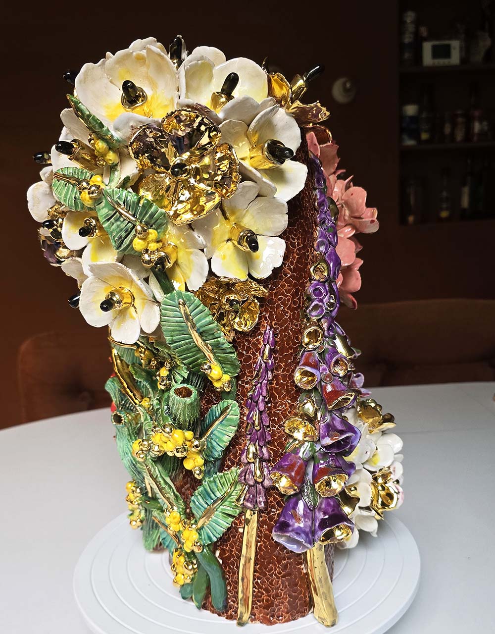 Enamelled Ceramic hydrangea vase/sculpture with Gold - Unique Handcrafted Piece