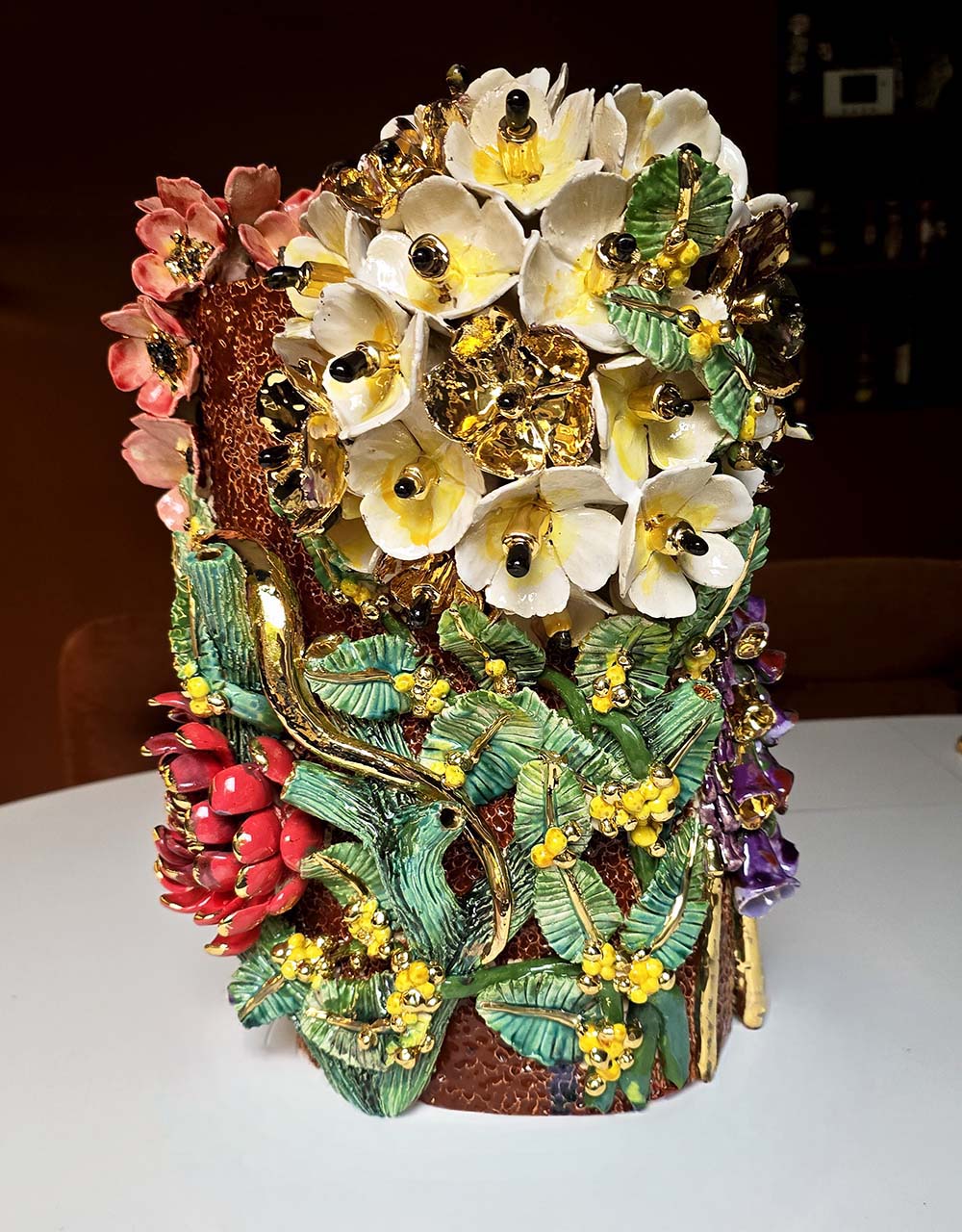 Enamelled Ceramic hydrangea vase/sculpture with Gold - Unique Handcrafted Piece