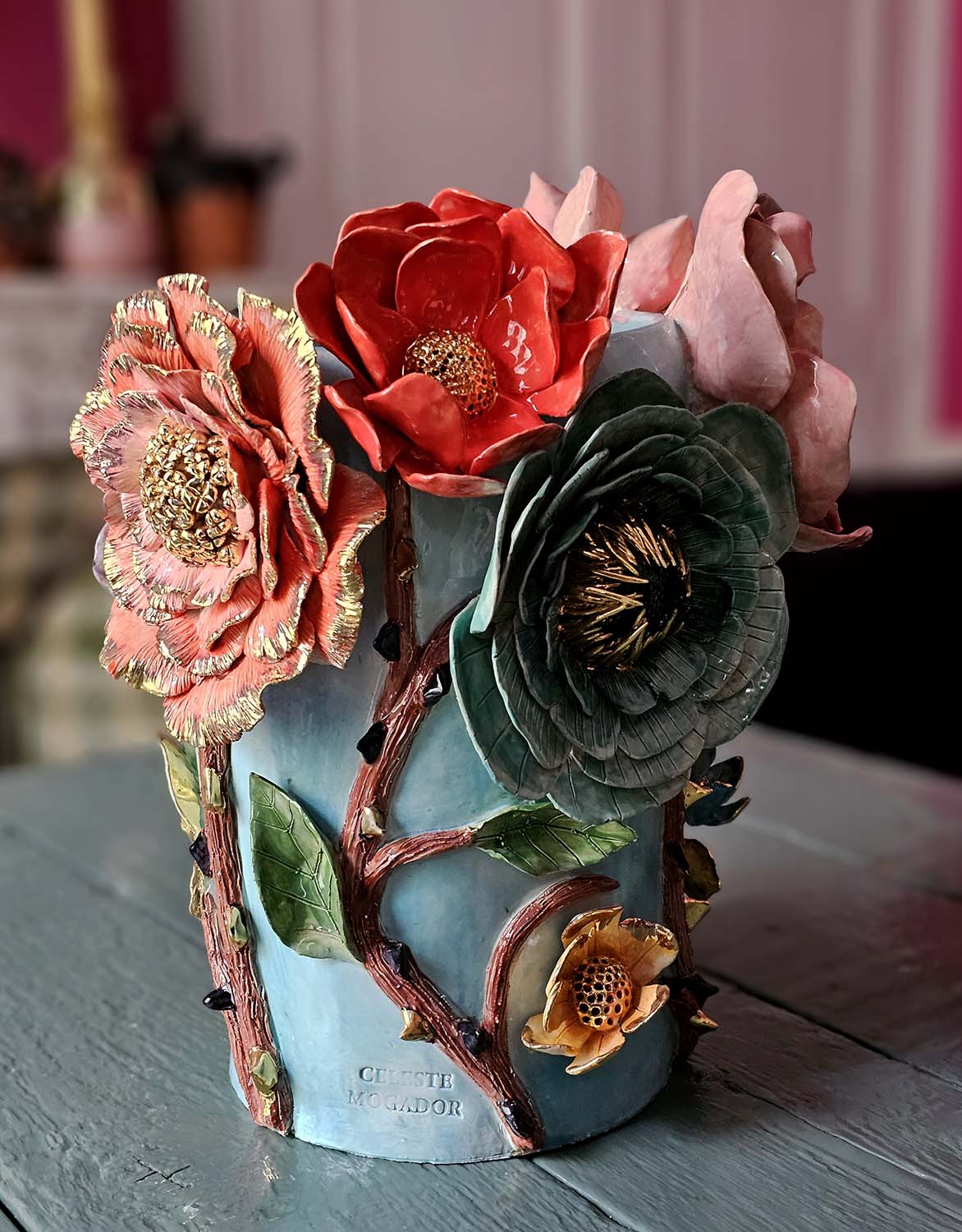 Enamelled earthenware vase gilded with fine 22-carat gold