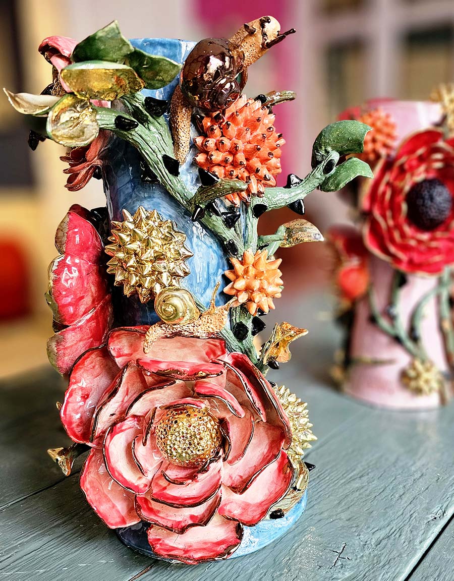 Enamelled earthenware candelabra gilded with fine 22-carat gold