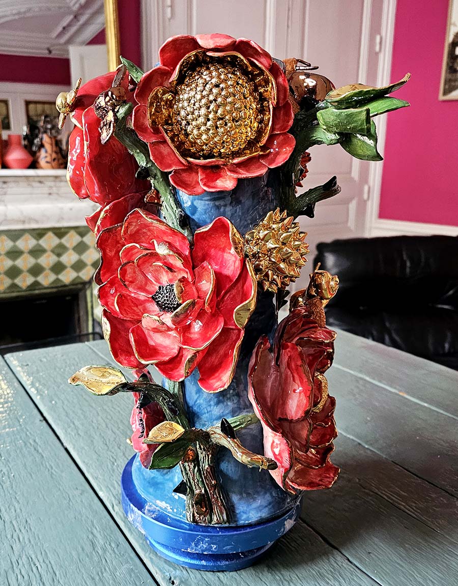 Enamelled earthenware candelabra gilded with fine 22-carat gold
