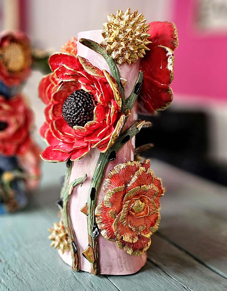 Enamelled earthenware candelabra gilded with fine 22-carat gold