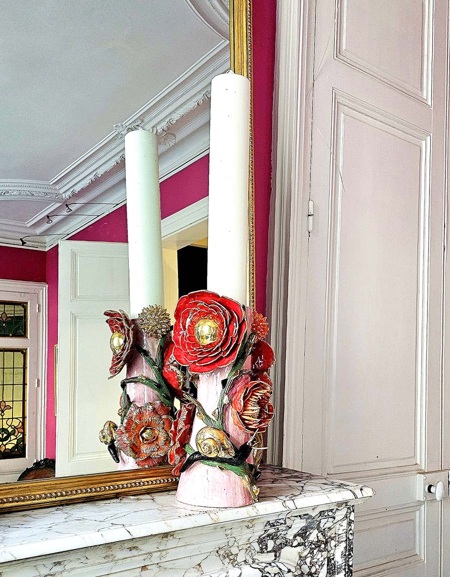Enamelled earthenware candelabra gilded with fine 22-carat gold