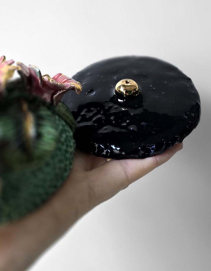 Porte encens Céramique Émaillée, Coquelicots et Or - Pièce Unique Fait Main