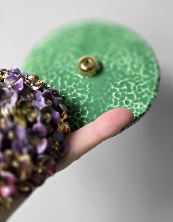 Porte encens Céramique Émaillée, Hortensias et Or - Pièce Unique Fait Main