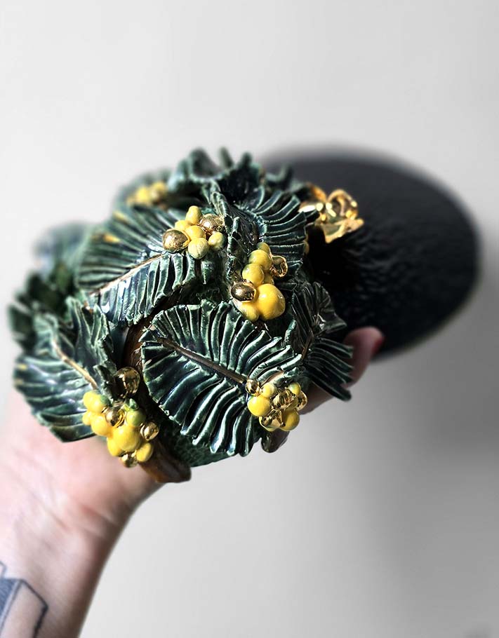 Porte encens Céramique Émaillée, Mimosa et Or - Pièce Unique Fait Main