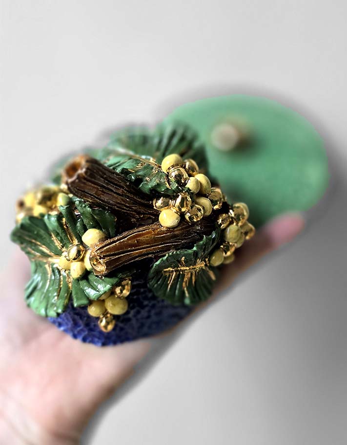 Porte encens Céramique Émaillée, Mimosa et Or - Pièce Unique Fait Main