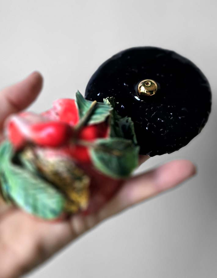 Porte encens Céramique Émaillée, Radis et Or - Pièce Unique Fait Main