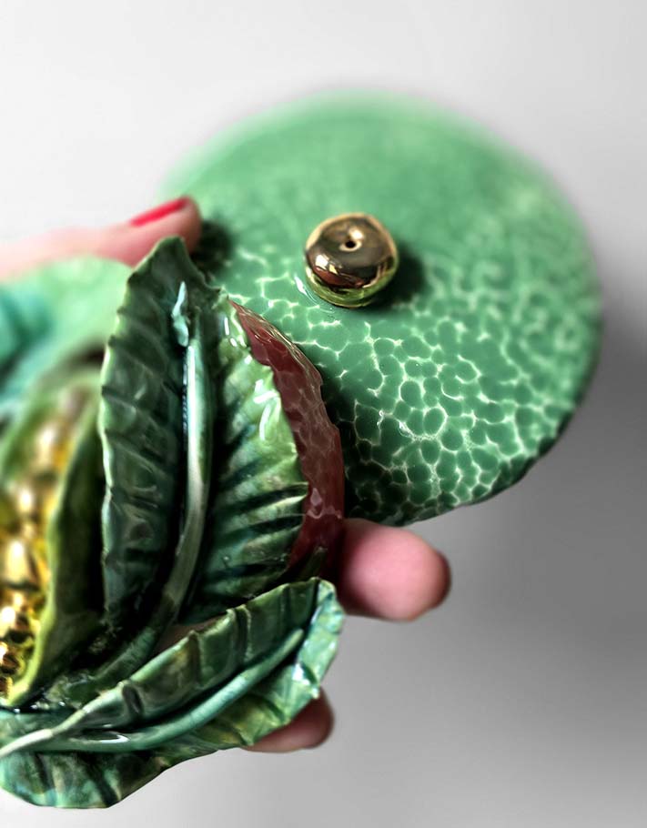 Porte encens Céramique Émaillée, Petits pois et Or - Pièce Unique Fait Main