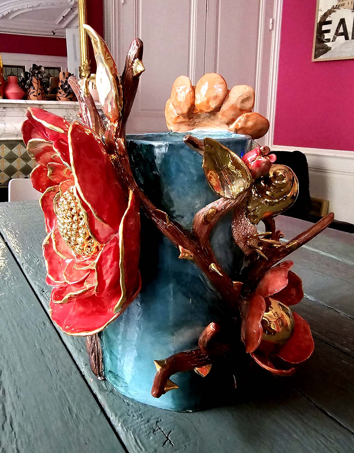 Enamelled earthenware vase gilded with fine 22-carat gold