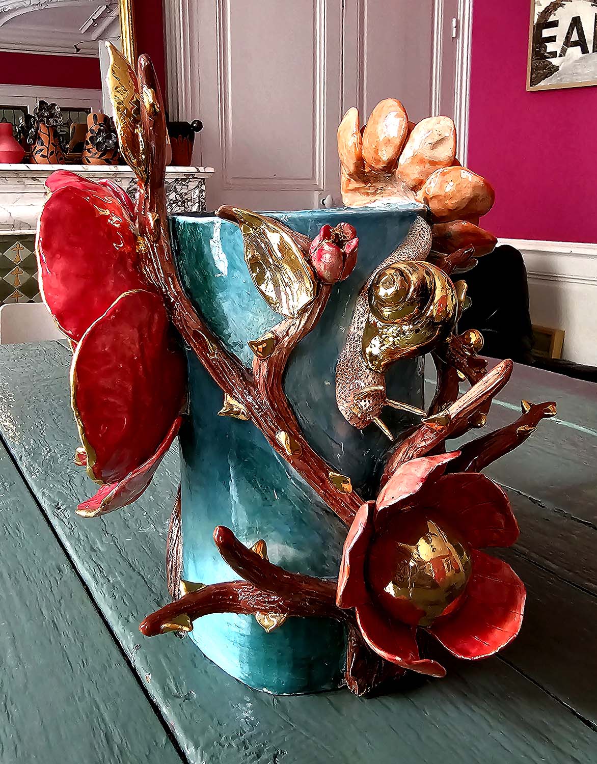 Enamelled earthenware vase gilded with fine 22-carat gold