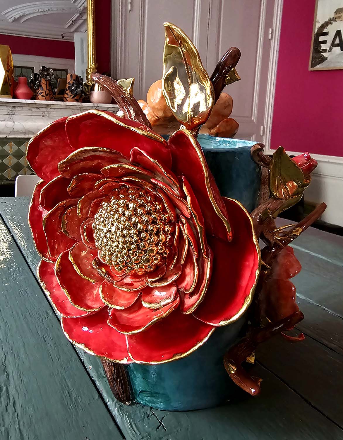 Enamelled earthenware vase gilded with fine 22-carat gold