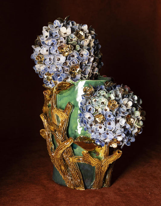 Vase en Céramique Émaillée, Hortensias et Or - Pièce Unique Fait Main