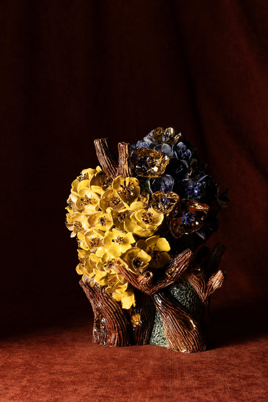 Vase en Céramique Émaillée, Hortensias et Or - Pièce Unique Fait Main