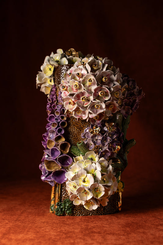 Vase en Céramique Émaillée, Hortensias et Or - Pièce Unique Fait Main