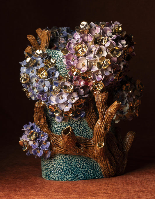 Vase en Céramique Émaillée, Hortensias et Or - Pièce Unique Fait Main