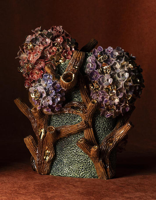Vase en Céramique Émaillée, Hortensias et Or - Pièce Unique Fait Main