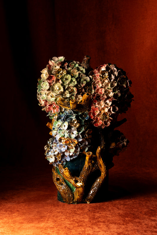 Vase en Céramique Émaillée, Hortensias et Or - Pièce Unique Fait Main