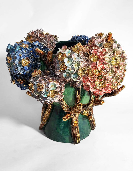 Enamelled Ceramic hydrangea Vase with Gold - Unique Handcrafted Piece