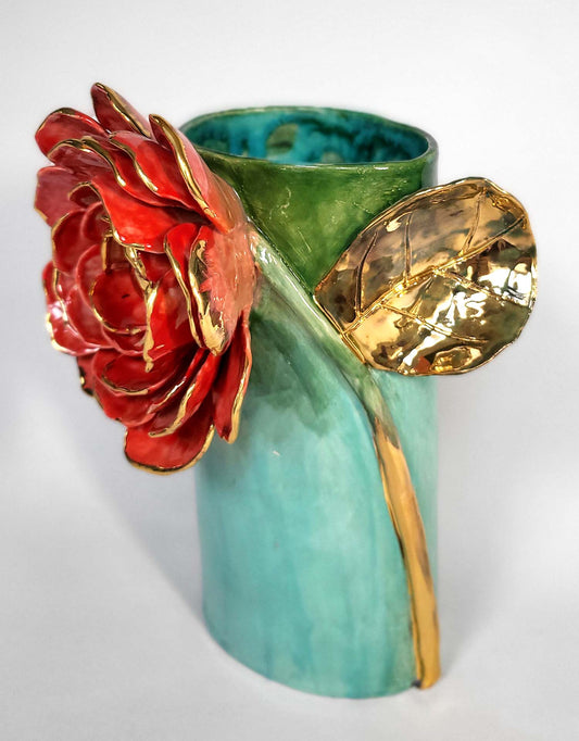 Vase à Fleurs Rayonnant en Faïence Émaillée et Or - Pièce Unique 
