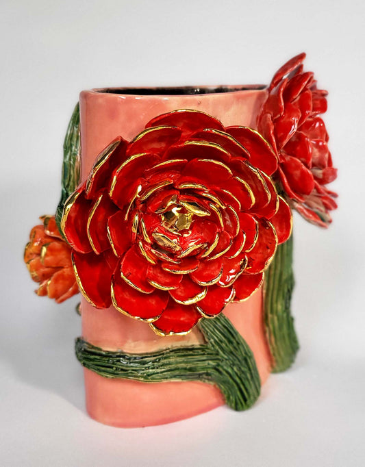Vase à Fleurs Rouge et Corail en Faïence Emaillée et Or - Pièce Unique 