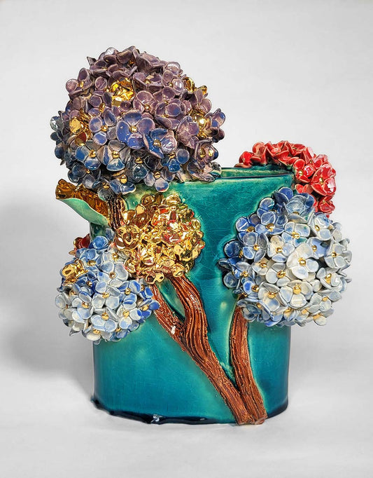 Enamelled Ceramic hydrangea Vase with Gold - Unique Handcrafted Piece