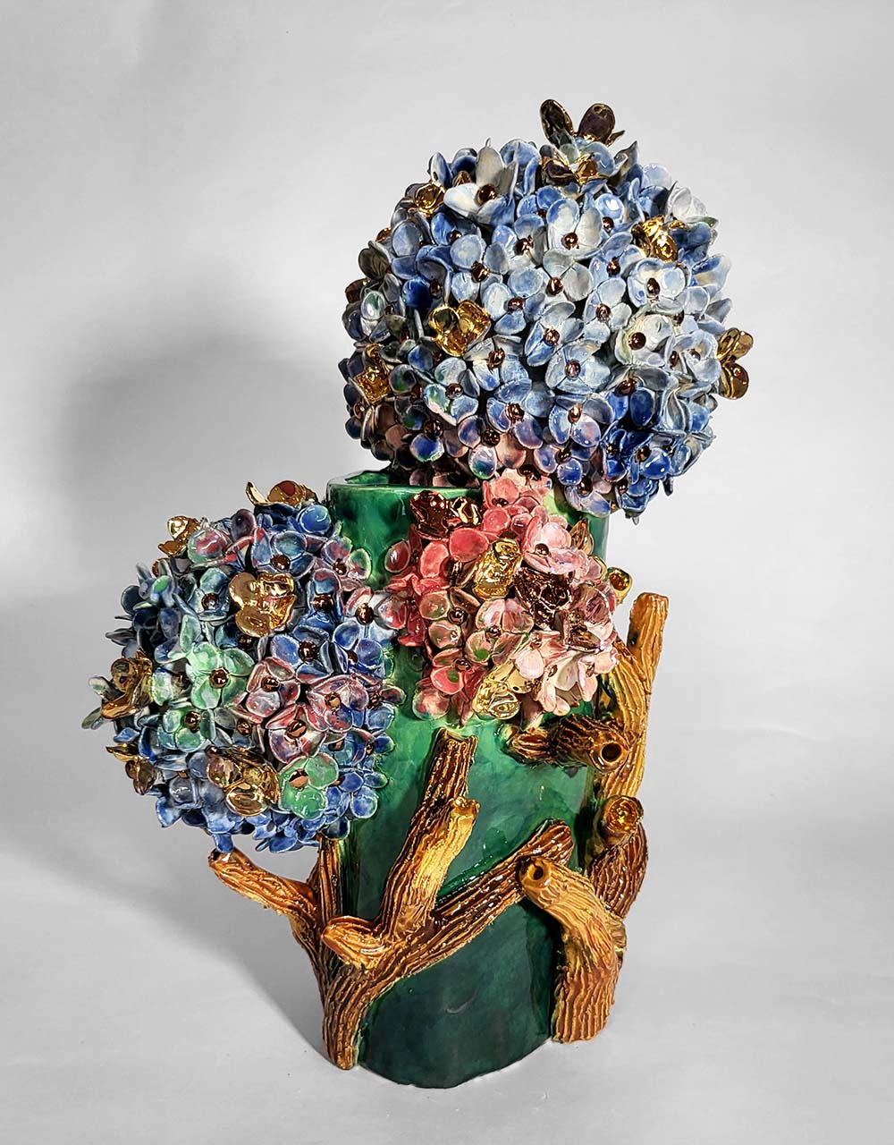 Enamelled Ceramic hydrangea Vase with Gold - Unique Handcrafted Piece